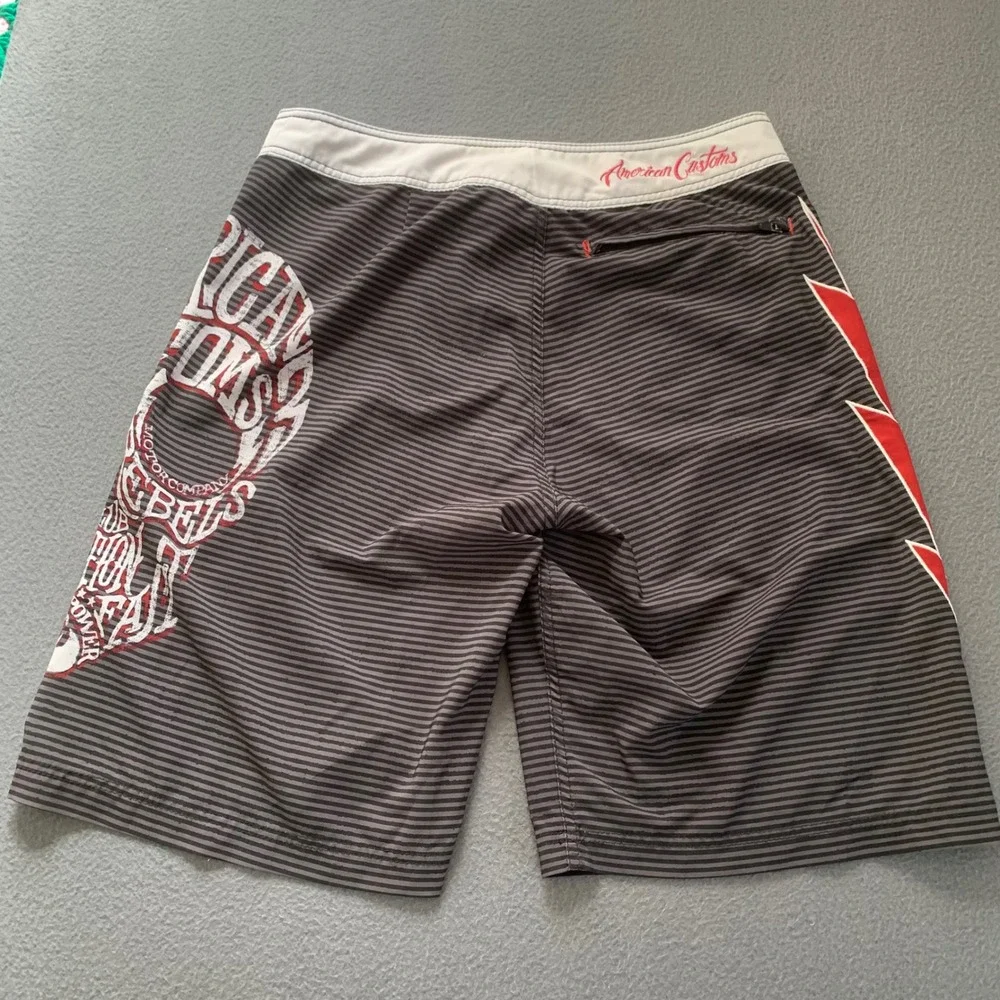 Affliction American Customs Board Shorts Mens 32 Black Red Graphic Swim Trunks